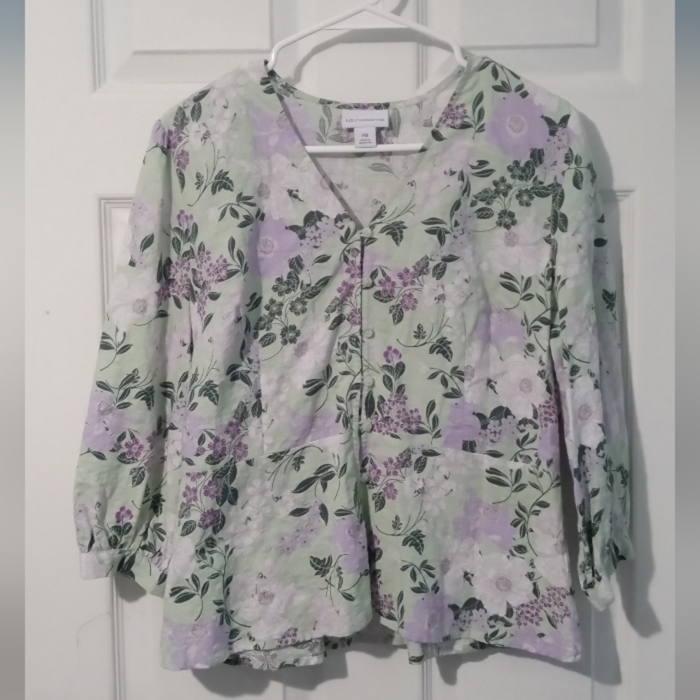 Liz Claiborne Floral Button Down Shirt - Green and Purple